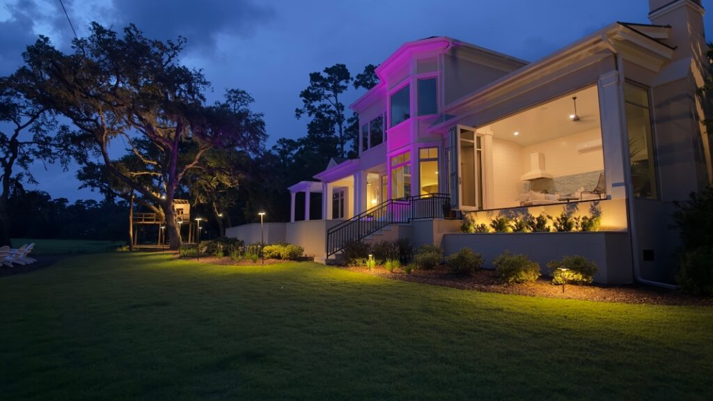 Treehouse with colorful landscape lighting on luxury property by Advanced Integrated Controls Hilton Head Island North Carolina