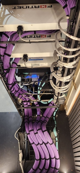 Back cabling setup of equipment rack emphasizing clean cable management